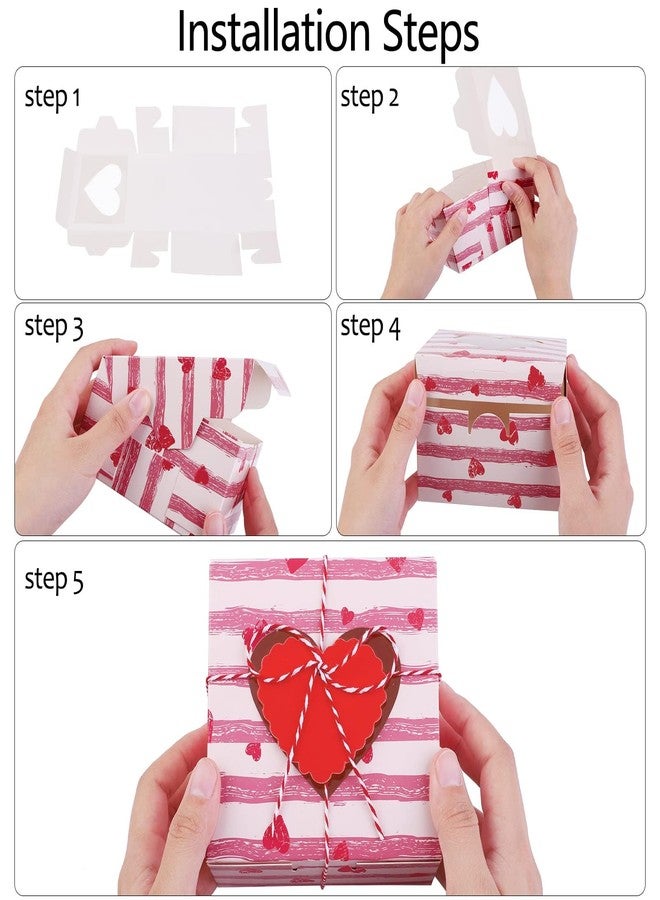 Fovths 36 Pack Valentines Day Cookie Boxes with Window Cupcake Bakery Boxes 4.5 x 4.5 x 2.5 Inch Hearts Goody Candy Container Box with Tags and Rope for Cupcakes, Doughnuts, Gifts Giving - Image 4